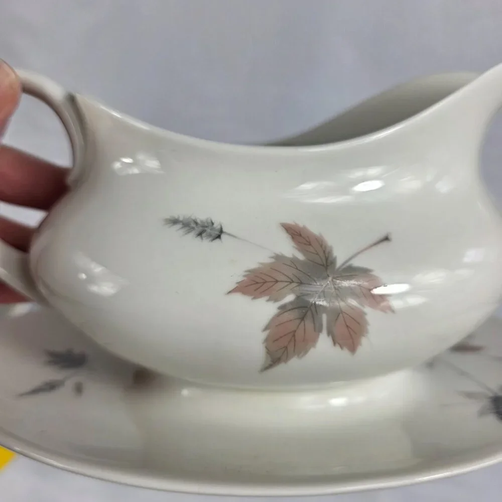 Royal Doulton Tumbling Leaves Gravy Boat & Underplate Gray & Pink Leaves